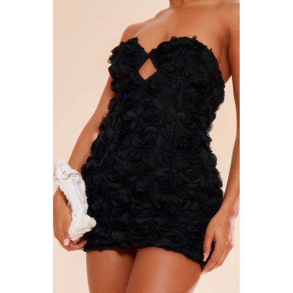 Pretty Little Thing Mini Dress Sz 10 Black Texture Rose Bandeau Bodycon Cocktail